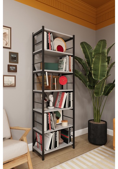Asra Trend 6 Raflı Metal Kitaplık METALK01 %100 MDF Tek Modül Modern Kütüphane Kül Gri