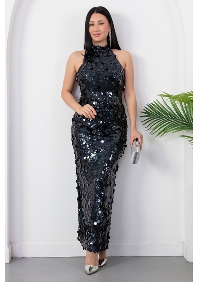 Kalopya Halter Yaka Büyük Pullu Elbise Abiye Ecr6094 Lacivert