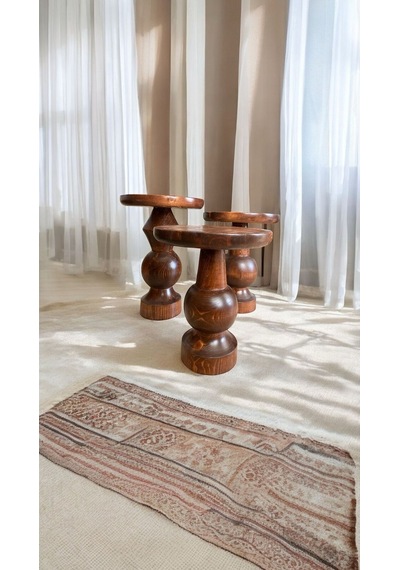 Simillo Wood Ahşap 3 Lü Set Mantar Yan Sehpa Konik Model / Kestane Renk / Zigon Sehpa Vernikli Kestane