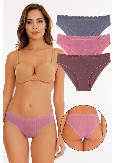 Sensu Kadın Fitilli Dantel Detaylı Slip Külot 3'lü Paket Set - Kts1207 Çok Renkli