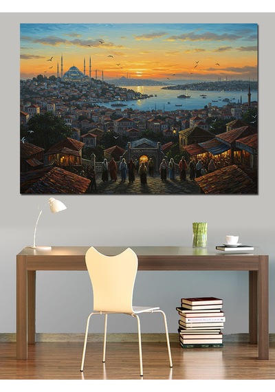 Tepeden İstanbul Manzarası Akşamı Dekoratif Kanvas - Mdf Ahşap Tablo