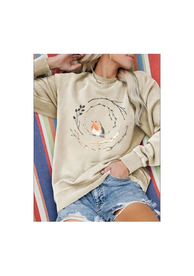 Herkesemoda Baskılıı Bisiklet Yaka İçi Polarlı Sweatshirt Bej