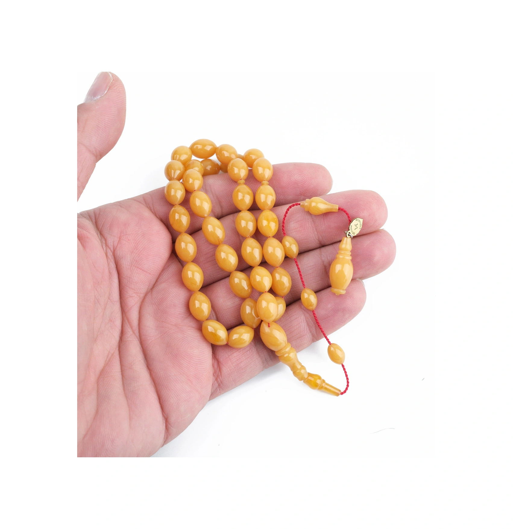 Kadim Katalin Eski Zil Kulpu Obje Usta İşi İmzalı Beyzi Kesim 7x10.5mm Tesbih -sarı Amber Sarı