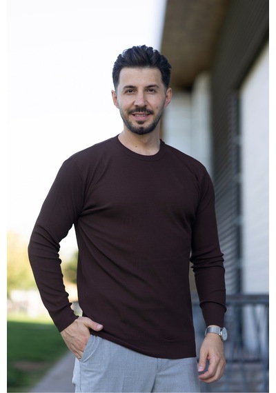 Hk Premium Erkek Fitilli Slim Fit Bisiklet Yaka Triko Kazak Kahverengi