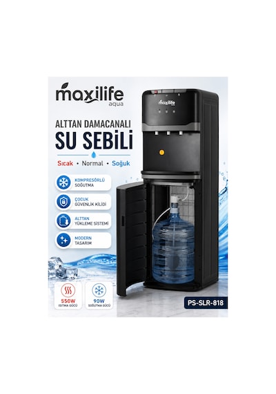 Maxilife PS-SLR-818 Aqua Kompresörlü Alttan Damacanalı Çocuk Kilitli Sıcak Soğuk Normal Su Sebili Siyah