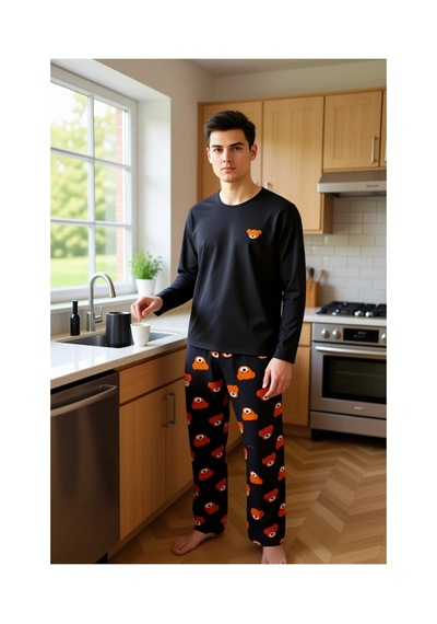 Ersefa Ayıcık Desenli Bisiklet Yaka Uzun Kollu Pijama Seti Unisex Fonksi Siyah
