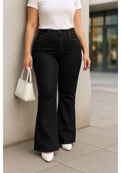 Cedy Denim Cedy Denım - Kadın Büyük Beden İspanyol Paça Yüksek Bel Skinny Fit Likralı Pantolon C628 Siyah