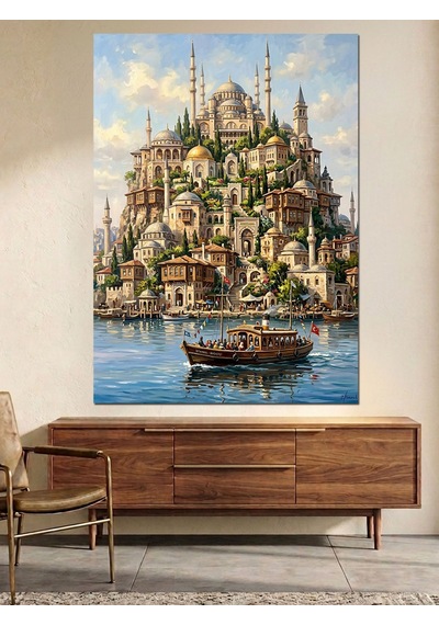 İstanbul Fantastik Şehir Tepesi Dekoratif Kanvas - Mdf Ahşap Tablo Çok Renkli