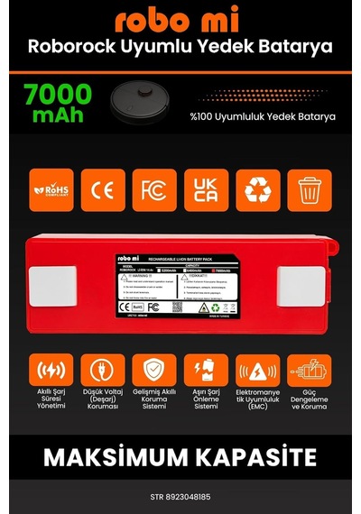 Robo Mi Robot Süpürge Bataryası, Roborock S7 İle Uyumlu 7000mah, Yedek Pil, Kırmızı Tek Renk