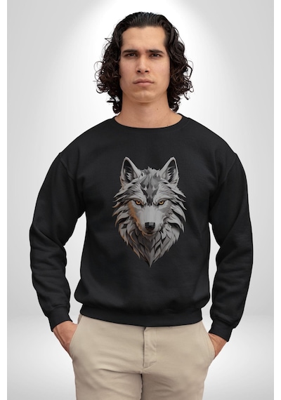 Beyaz Kurt Kafası Unisex Siyah Baskılı Sweatshirt Siyah