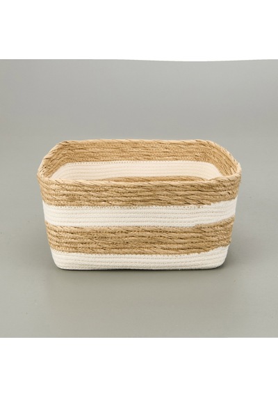 Living Boho Style Büyük Kağıt İp Sepet - Bej / Beyaz - 28x28x14 Cm Çok Renkli