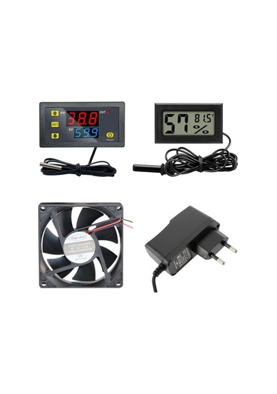 Kuluçka Makinesi Seti - 4 Parça - W3230 Termostat 220v - Isı Nem Ölçer - 12v Adaptör - 80x80 12v Fan