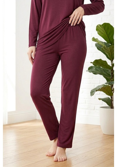 Aura Collections Kadın Dantelli Bambu Viskon Uzun Kollu Mevsimlik Soft Örme Pijama Takımı Bordo