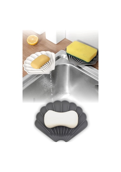 Beyaz İstiridye Silikon Katı Sabunluk Su Giderli Kaymaz Banyo Mutfak Organizer 11 cm