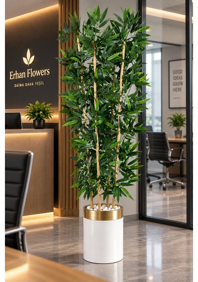 170 Cm Yapay Bambu Beyaz Gold 30x30 Dekoratif Ağaç Yeşil