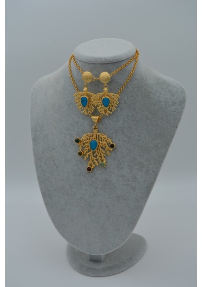 Stoneagejewellery Stoneage Altın Kaplama Bayan Kolye Turkuaz Ve Yeşim Taşlı Altın