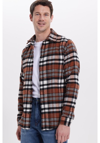 Tudors Erkek Slim Fit Dar Kesim Kareli Kışlık Oduncu Gömlek-42200 Kahverengi
