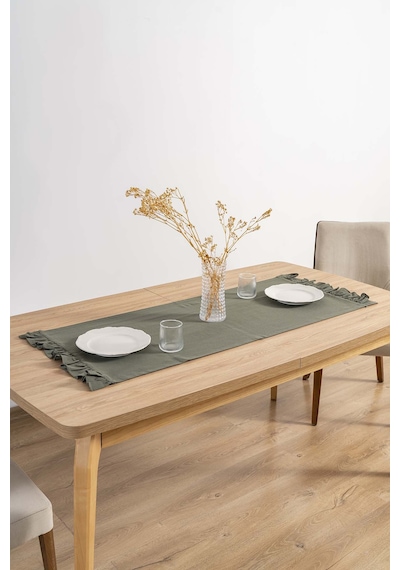 Rivaistanbul Ruffle Haki Fırfırlı %100 Pamuklu Ham Keten Runner 50x130 Cm Haki