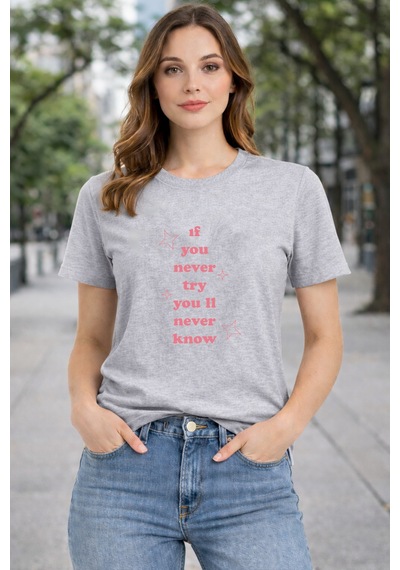 Herkesemoda İf You Never Baskı Detaylı Basic T-shırt Gri