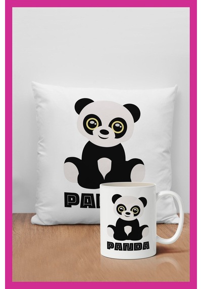 Panda Baskılı Dekoratif Hediyelik Yastık Ve Kupa Seti