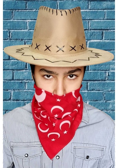 Uniquetrenders Çocuk Unisex Bandanalı Nubuk Kovboy Şapkası 8-14 Yaş Koyu Bej 4