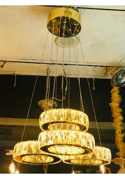 Gold Kristal Taşlı 4'lü Halka Led Avize - Ayarlanabilir Yükseklik Modern Sarkıt Avize Altın - Gold