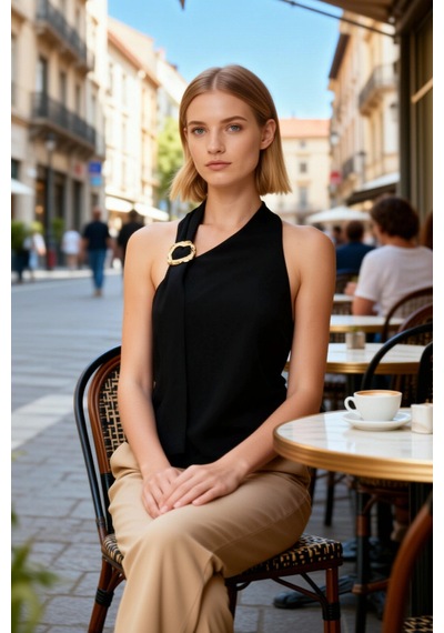 Benerly Kadın Bluz Halter Yaka Kolsuz Regular Kalıp Krep Dokuma Kumaş Met siyah
