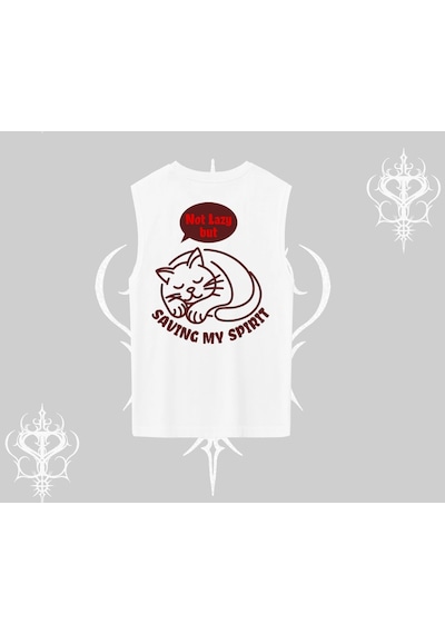 Tarzsokak Not Lazy Saving My Spirit Kedi Baskılı Kolsuz Tshirt Beyaz
