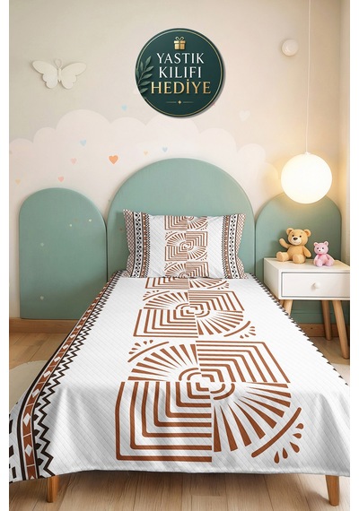 Kahverengi Geometrik Tek Kişilik Dekoratif Pike Takımı - Beyaz Etnik Bohem 160x220 Cm Yatak Örtüsü Kumlu Misk Uyumu