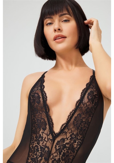 Cottonhill Siyah Çıtçıtlı Dantelli Transparan Sırt Çapraz İpli Bodysuit Siyah