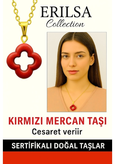 Erilsa Sertifikalı Gold Yonca Model Kırmızı Mercan Taşı Kolye Cesaret Ve Çok Renkli