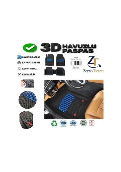 Renault Symbol 2000 4 Cm Derin Havuzlu 5 Parça 3d Universal Oto Paspas Siyah-mavi