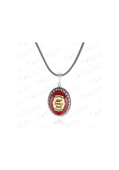 Takılingo 925 Ayar Gümüş Kırmızı Kehribar Taşlı Mührü Şerif Erkek Kolye Gümüş