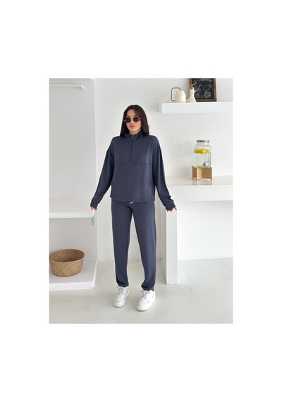 Gugus Kadın Yarım Fermuarlı Model Beli Lastikli Dar Paça Eşofman Takımı Füme