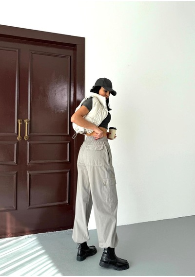 Paraşüt Kumaş Kargo Cepli Bel Ve Paça Lastik Detaylı Pantolon Gri