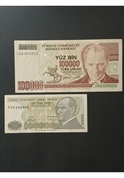 7. Emisyon 100.000 Ve 10 Türk Lirası. Eski Koleksiyon Kağıt Para.