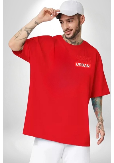 Şehir Sokak Stili Melek Heykeli Kırmızı Oversize Unisex Ön Ve Sırt Baskılı Tişört Kırmızı