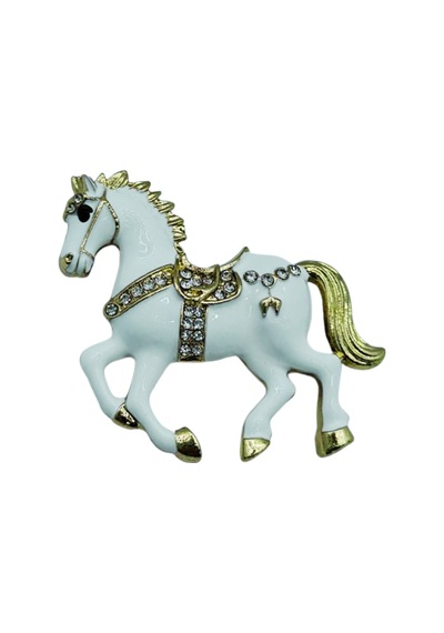 Siyah & Beyaz At Broş - Kristal Taşlı Zarif Horse Brooch Şık Hayvan Figürlü Aksesuar Beyaz