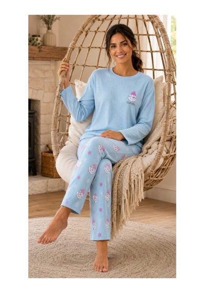 Pemilo Kadın 8811-6 Berlin Uzun Kol Sıfır Yaka Pijama Takım Mavi