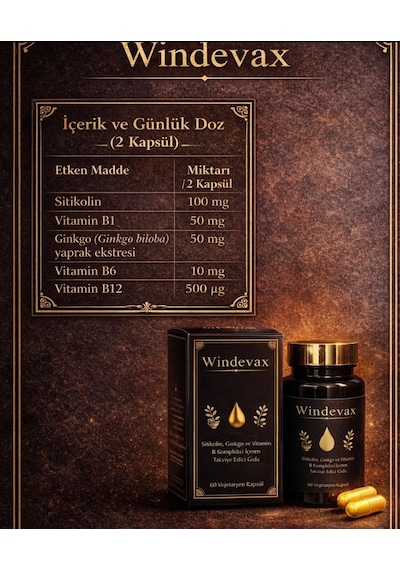 Windevax Sitikolin, Ginkgo, B1 Vitamini, B6 Vitamini, B12 Vitamini İçeren Takviye Edici Gıda 60 Kapsül