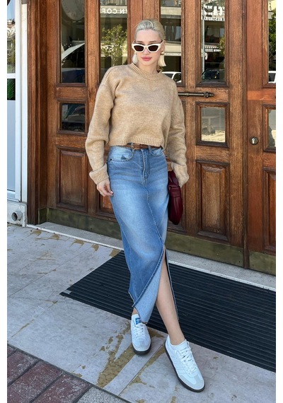 Madmext Bej Bisiklet Yaka Crop Kadın Kazak Mg2166 Bej