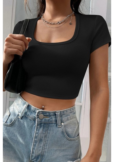 Angbutik Kadın Siyah Yarım Kol Düz Yaka Crop Top Bluz