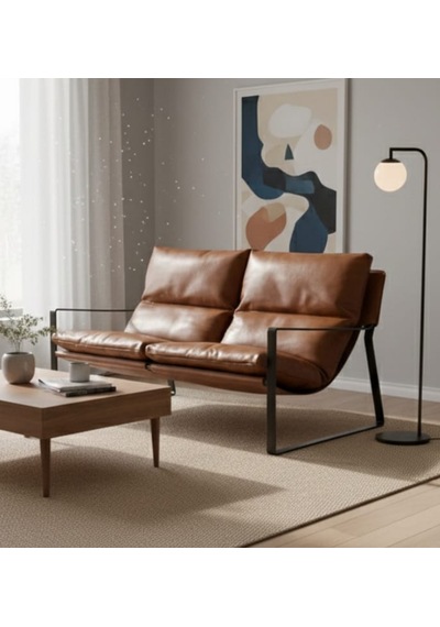 Sller Modern İkili Koltuk - Loft Tasarım Deri/kumaş Bahçe Ve Balkon Kanepesi - Metal İskeletli 130 Cm Taba