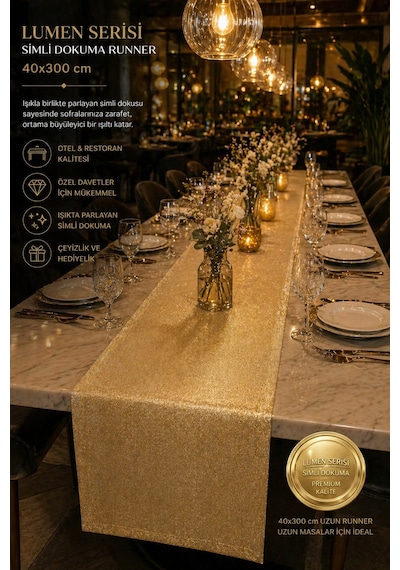 Lumen Serisi Silver 40x300 Cm Simli Dokuma Uzun Runner Modern Lüks Masa Örtüsü 8-10 Kişilik Altın