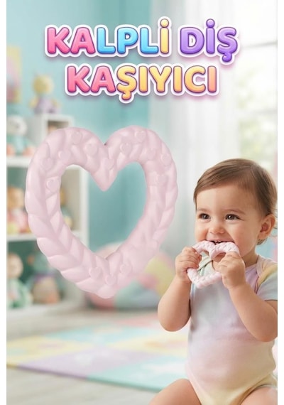 Kalp Şekilli Esnek Bpa İçermeyen Kabartılı Pastel Renkli Oyuncak Bebek Diş Kaşıyıcısı Pembe
