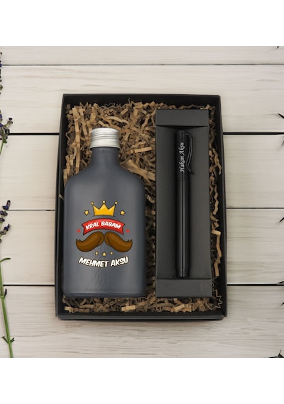 Bk Gift Kişiye Özel İsimli Baba Temalı Antrasit Tasarım Cam Şişede Kolonya 200 Ml & Siyah Metal Roller Kalem Hediye Seti-3, Babaya Hediye, Babalar Gün