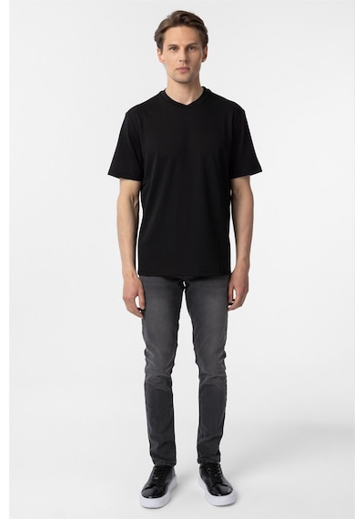 Süvari Siyah Slim Fit Armürlü Bisiklet Yaka Tişört-37357 Siyah