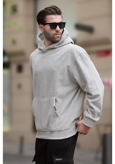 Madmext Boyalı Gri Kapüşonlu Cep Detaylı Polar Erkek Sweatshirt 7093 Gri