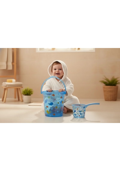 Babyjem Şeffaf Kova & Maşrapa Set Mavi Desenli