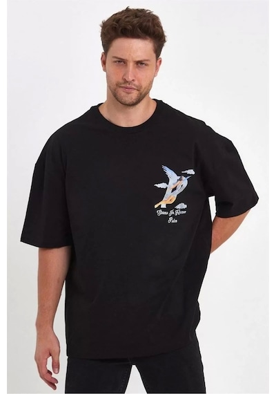 Erkek Melek Baskılı Oversize T-shirt - Siyah L Siyah